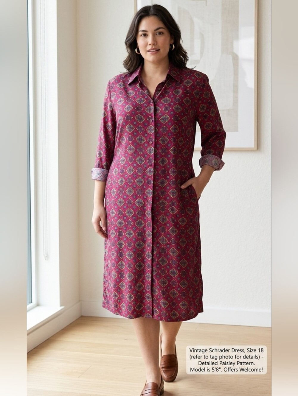 VTG Schrader Burgundy Motif Shirt Dress Sz 18 Retro Midi Long Sleeve